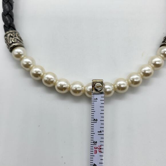 Black Faux Leather Woven Rope Imitation Pearl Closure Choker Necklace Unbranded - Picture 9 of 10